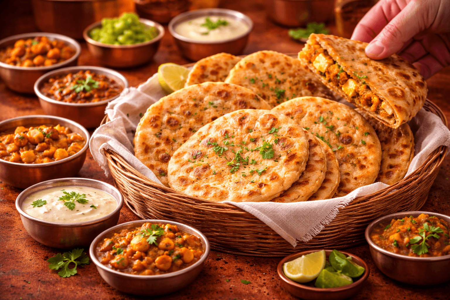 Fresh parathas with chutney and curd