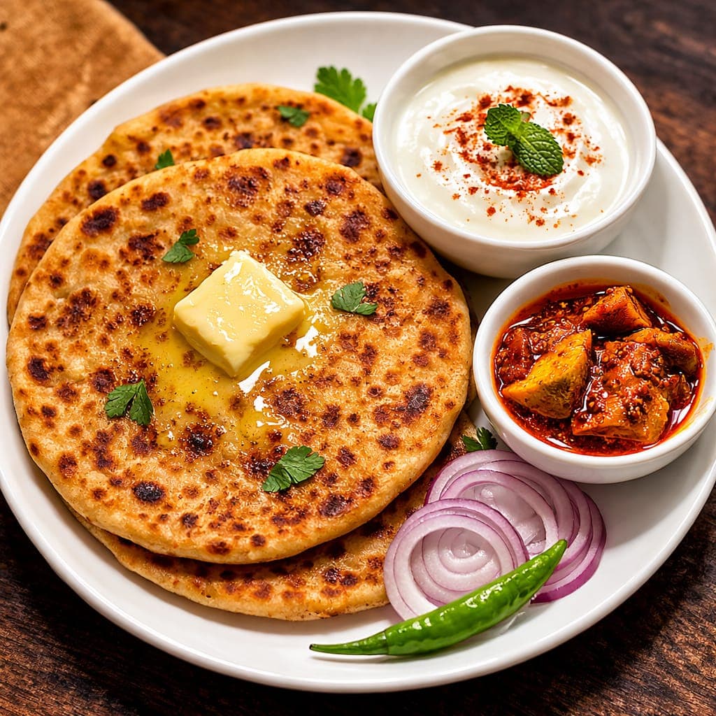 Parathas with curd and pickle